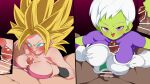 2_girls 2boys big_breasts caulifla cheelai clothed_female clothed_female_nude_male dragon_ball dragon_ball_super dragon_ball_super:_broly female_saiyan green_skin long_hair male/female nipples paizuri paizuri_under_clothes rom_(artist) saiyan short_hair super_saiyan tagme white_hair