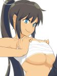 1boy 1girl black_hair blue_eyes breasts censored homura_(senran_kagura) ishinoyari long_hair nipples paizuri penis ponytail sarashi senran_kagura senran_kagura_(series) simple_background smile tan tanline white_background