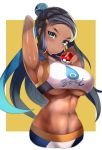 1_girl 1girl alluring alternate_breast_size aqua_eyes aqua_hair big_breasts black_hair breasts clothed dark_skin earrings eyelashes eyeshadow female female_abs female_human female_only gym_leader hair_bun high_resolution holding holding_object holding_poke_ball hoop_earrings human jewelry long_hair looking_at_viewer makeup multicolored_hair nail_polish nessa_(pokemon) one_arm_up poke_ball poke_ball_(basic) pokemon pokemon_(game) pokemon_sword_&_shield solo swimsuit tankini tea_texiamato tied_hair two-tone_hair very_high_resolution yellow_nails