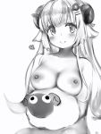 1girl 1girl animal_ears areola bangs big_breasts blush breast_rest breasts closed_mouth curled_horns eyebrows_visible_through_hair greyscale hair_ornament hairclip heart high_resolution hololive horns long_hair medium_breasts monochrome nanashi_(nlo74593630) nipples nude sheep sheep_ears sheep_horns simple_background smile tsunomaki_watame virtual_youtuber white_background