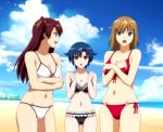  3girls :o agent_aika aika_zero anime arm arms babe bare_legs bare_shoulders beach big_breasts bikini blue_eyes blue_hair breasts character_request cleavage cloud collarbone friends hair legs light_brown_hair long_hair midriff multiple_girls navel neck outside red_hair redhead sand shiny shiny_hair shiny_skin short_hair sky smile standing sumeragi_aika swimsuit yellow_eyes 