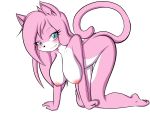 absurd_res aeris_(vg_cats) all_fours alpha_channel anthro barefoot big_breasts blue_eyes blush breasts cat detailed feline female flat_colors hair hanging_breasts high_res looking_at_viewer nekoru nipples nude paws pink_fur pink_hair plain_background pose smile solo transparent_background two_tone_fur vg_cats