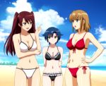 3girls :o agent_aika aika_zero anime arm arms babe bare_legs bare_shoulders beach big_breasts bikini blue_eyes blue_hair breasts character_request cleavage cloud collarbone friends hair legs light_brown_hair long_hair midriff multiple_girls navel neck outside red_hair redhead sand shiny shiny_hair shiny_skin short_hair sky smile standing sumeragi_aika swimsuit yellow_eyes