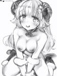 1girl 1girl animal_ears blush boots breasts choker curled_horns eyebrows_visible_through_hair fur-trimmed_boots fur_trim greyscale high_resolution hololive horns long_hair looking_at_viewer medium_breasts monochrome nanashi_(nlo74593630) navel nipples nude sheep_ears sheep_horns simple_background sitting smile sweatdrop tsunomaki_watame virtual_youtuber wariza white_background