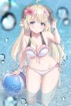 1girl alternate_costume ball beachball blonde blush breasts clavicle cleavage hair_ornament high_resolution hololive horns kneel long_hair looking_at_viewer medium_breasts ocean parody purple_eyes sheep_horns sirokuro_toho swimsuit tsunomaki_watame very_high_resolution virtual_youtuber water_drop