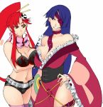  2_girls 2girls adiane bike_shorts blue_hair bracelet breast_envy breast_press breasts caw=zoo cleavage corset eyepatch female female_only frills frown huge_breasts japanese_clothes kimono long_hair navel ponytail red_eyes red_hair scarf short_shorts shorts skull_hair_ornament smile symmetrical_docking tattoo teeth tengen_toppa_gurren-lagann thighhighs yellow_eyes yoko_littner 