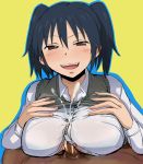  1girl black_hair blue_hair breasts brown_eyes censored cum cum_on_clothes cum_under_clothes danshi_koukousei_no_nichijou ejaculation ikushima_(danshi_koukousei) kiikakiika nipples paizuri paizuri_under_clothes penis penis_under_clothes school_uniform sex twintails yellow_background 