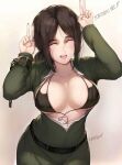 1girl attack_on_titan big_breasts black_bra black_hair double_v female_only kimoshi pieck pieck_finger shingeki_no_kyojin smiling solo_female tagme v