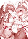 1boy 1girl 2girls blush breasts censored cum cum_on_body cum_on_breasts cum_on_upper_body kazetto large_breasts long_hair monochrome multiple_girls multiple_paizuri nagae_iku nipples paizuri penis reiuji_utsuho ribbon sketch touhou