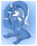 bed blue_fur blue_hair blue_theme breasts canine dam_(artist) female fox green_eyes hair high_res kneel kneeling krystal looking_at_viewer markings nipples palcomix raised_tail short_hair sideboob solo star_fox tail video_games