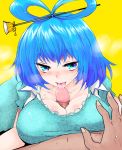  1girl blue_eyes blue_hair breasts censored hair_ornament hair_rings hair_stick han_(jackpot) huge_breasts kaku_seiga licking looking_at_viewer multicolored_eyes nipples paizuri paizuri_under_clothes penis pov short_sleeves solo_focus sweat tongue tongue_out touhou 