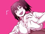  1girl breasts censored cum danshi_koukousei_no_nichijou ejaculation fang ikushima_(danshi_koukousei) kiikakiika monochrome nipples open_mouth paizuri paizuri_under_clothes penis penis_under_clothes pink pink_background school_uniform sex smile soft_breasts twintails 