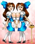 2girls alice alice_in_wonderland big_breasts breasts brown_eyes brown_hair disney graphicbrat hair lipstick multiple_girls