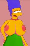 1girl areola big_breasts blue_hair exposed_breasts green_dress huge_breasts looking_at_viewer marge_simpson milf mostly_nude necklace nipples open_mouth sexy slut the_simpsons topless whoa_look_at_those_magumbos yellow_skin