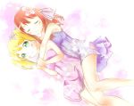 2girls aji_tama arms art bare_legs bare_shoulders blonde_hair blue_dress blush breasts closed_eyes dress flower from_behind green_eyes hair_flower hair_ornament high_res hug_from_behind hugging legs long_hair love lying multiple_girls neck on_side orange_hair purple_dress red_hair redhead ribbon sakura_trick short_hair shy smile sonoda_yuu strapless strapless_dress takayama_haruka twin_tails yuri