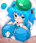 !? 1girl blue_eyes blue_hair breasts censored cum cum_on_body cum_on_breasts cum_on_upper_body hair_bobbles hair_ornament han_(jackpot) hat huge_breasts kawashiro_nitori nipples paizuri paizuri_under_clothes touhou twintails two_side_up