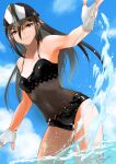  1girl alluring beach bikini black_hair blue_sky morag_ladair nayuta-kanata nintendo ocean splashing xenoblade_(series) xenoblade_chronicles_2 yellow_eyes 