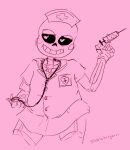  1boy 2010s 2015 alternate_costume animated_skeleton artist_name crossdressing garter_straps heart-shaped_pupils heart_eyes male monochrome monster nurse_cap nurse_hat nurse_outfit pink_background sans sans_(undertale) simple_background skeleton skirt slimesurgeon solo stethoscope stockings syringe undead undertale undertale_(series) 