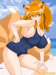 1girl :p animal_ears beach big_breasts brabustersystem breasts cleavage erect_nipples facial_mark facial_markings fox_ears fox_tail hands_on_hips huge_breasts kitsune magutan multiple_tails one-piece_swimsuit orange_hair original swimsuit tail thighs tongue tongue_out yellow_eyes