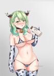  1girl 1girl absurd_res animal_ears animal_print antlers artist_name ass_visible_through_thighs azurecruiser bell big_breasts bikini black_collar blush bottle branch breasts ceres_fauna collar cow_ears cow_print cowbell elbow_gloves gloves green_hair grey_background high_res holding holding_bottle hololive hololive_english leaf micro_bikini milk_bottle mole mole_under_eye navel neck_bell open_mouth patreon_logo patreon_username print_gloves print_thighhighs simple_background skindentation stockings stomach swimsuit virtual_youtuber web_address yellow_eyes 