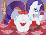 1girl alcohol anus ass bed bedroom blue_eyes cutie_mark female female_unicorn friendship_is_magic horn indoors looking_at_viewer looking_back lying my_little_pony nude on_bed pony presenting_hindquarters pussy rarity rarity_(mlp) solo tail tail_bow teats unicorn wine wine_glass