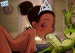 batothecyborg beastiality brown_hair closed_eyes dark_skin disney famous-toons-facial fellatio frog nude oral prince_naveen princess_tiana the_princess_and_the_frog tiara topless