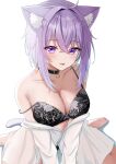  1girl 1girl :p absurd_res ahoge animal_ear_fluff animal_ears bare_shoulders blush bra breasts c1p122 cat_ears cat_girl cat_tail cleavage collar collarbone crossed_bangs hair_between_eyes high_res hololive lace-trimmed_bra lace-trimmed_panties lace_trim long_sleeves nekomata_okayu nekomata_okayu_(4th_costume) official_alternate_costume panties purple_eyes purple_hair shirt short_hair sitting smile tail tongue tongue_out underwear virtual_youtuber wariza white_background 