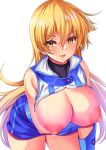 1girl 1girl alexis_rhodes arm_under_breasts bare_shoulders bent_over big_breasts big_breasts blonde_hair blue_skirt breast_hold breasts_out cowboy_shot duel_academy_uniform_(yu-gi-oh!_gx) erect_nipples gloves hair_between_eyes hanging_breasts long_hair messy_hair miniskirt nipples no_bra open_mouth parapetto pink_nipples simple_background skirt sleeveless smile tenjouin_asuka topless turtleneck very_long_hair white_background yellow_eyes yu-gi-oh! yu-gi-oh!_gx