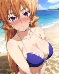 1girl 1girl alluring big_breasts bikini blonde_hair blunt_bangs blush blush_lines breasts cleavage cookiefudge female_focus long_hair nakiri_erina outside purple_eyes shokugeki_no_souma very_long_hair voluptuous