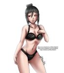 1girl alluring bare_shoulders black_hair frills hand_on_breast hand_on_hip lingerie moonllita moonllita_(artist) morag_ladair_(xenoblade) nintendo smile tied_hair toned watermark xenoblade_(series) xenoblade_chronicles_2