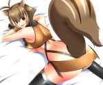  1girl animal_ears arc_system_works ass bare_shoulders blazblue blazblue:_continuum_shift blush breasts brown_eyes brown_hair gloves huge_breasts looking_back makoto_nanaya ment miniskirt nanaya_makoto orange_skirt revealing_clothes short_hair skirt solo squirrel_ears squirrel_girl squirrel_tail tail thighhighs underboob 