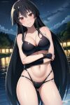 1girl akame_(akame_ga_kill!) akame_ga_kill! alluring big_breasts bikini black_hair cleavage gloves koikoi_(artist) lake night_sky posing red_eyes