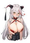  1girl 1girl :p absurd_res aegir_(azur_lane) aegir_(golden_dragon_among_auspicious_clouds)_(azur_lane) azur_lane bare_shoulders bodystocking breasts cleavage commentary covered_navel criss-cross_halter cropped_torso cross demon_horns gloves hair_between_eyes halterneck high_res horn_ornament horns huge_breasts long_hair looking_at_viewer marumai multicolored_hair official_alternate_costume red_hair streaked_hair tongue tongue_out two-tone_hair very_long_hair white_background white_hair yellow_eyes 