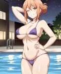  1girl alluring big_breasts bikini cleavage in_pool milf night orange_eyes orange_hair posing swimming_pool wink yahari_ore_no_seishun_lovecome_wa_machigatteiru. yuigahama_yui&#039;s_mother zengai 