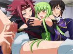  1boy 2girls aquamu bisexual blush breast_grab breast_licking breasts brown_eyes brown_hair c.c. cc censored code_geass foreplay grabbing green_eyes green_hair group_sex handjob headband kallen_stadtfeld lelouch_lamperouge lick licking long_hair multiple_girls open_mouth penis precum purple_eyes red_hair saliva sex short_hair short_shorts shorts smile spread_legs sweat thighhighs threesome tongue yamagarasu yellow_eyes 