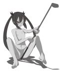  1girl barefoot blush crotch_rub feet golf golf_club kooh masturbation monochrome nipples nude pangya pussy solo twintails uncensored wink yada_ei 