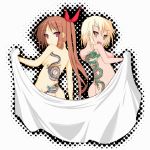  2girls ass back backpiece blonde_hair breasts brown_hair dragon from_behind hair_ribbon kou_yasaka long_hair looking_back lucky_star multiple_girls nagamori_yamato nude open_mouth pink_eyes purple_eyes ribbon short_hair sideboob tattoo twintails umiato yamato_nagamori yasaka_kou yellow_eyes 