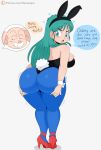 1girl 2019 ass big_ass blue_eyes bulma_brief bunny_ears bunny_girl bunny_tail bunnysuit dialogue dragon_ball high_heels jinu leotard looking_back oolong pantyhose sideboob tights