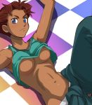  1girl armpit arms_up blue_eyes brazilian breasts brown_hair dark_skin female_only haruyama haruyama_kazunori igpx liz_ricarro nipple_slip nipples panties shirt_lift short_hair solo solo_female tomboy underboob underwear 