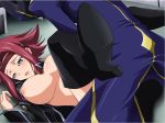  1boy 1girl aqua_eyes aquamu blush boots breasts code_geass headband helmet high_heels kallen_stadtfeld leg_lift lelouch_lamperouge missionary raised_eyebrows raised_legs red_hair redhead sex_face shoes thighhighs yamagarasu zero_(code_geass) 