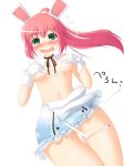  1girl animal_ears bunny_ears erika_(pangya) gloves green_eyes hana_(pangya) kotatsu_(artist) navel no_panties pangya pink_hair ponytail solo topless wardrobe_malfunction white_background 