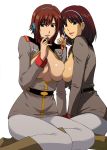  2girls bosom_buddies breast_press breasts brown_hair gundam gundam_lost_war_chronicles gundam_side_story:_from_place_beyond_the_blaze hair headset horny_women kitahara_aki large_breasts lost_war_chronicles military military_uniform miyu_takisawa multiple_girls noel_anderson open_clothes open_shirt pantyhose shirt short_hair sitting sluts symmetrical_docking uniform wariza white_legwear whores 