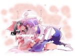 2girls black_hair blue_hair blush bottomless closed_eyes detached_sleeves female hair hakurei_reimu hat headgear hug hugging japanese_clothes letty_whiterock miko multiple_girls no_panties reimu_hakurei short_hair sitting text touhou translated usoneko young younger yuri