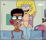  1boy 1girl bed big_breasts bikini black_eyes black_hair blonde_hair captainjerkpants clyde_mcbride condom dark-skinned_male glasses interracial looking_at_another looking_at_viewer lori_loud nipples penis pillow short_hair smile the_loud_house 