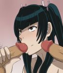  1girl :&gt;= black_hair censored fellatio gundam gundam_00 oral penis s_(tenshi_no_kiss) solo_focus twintails wang_liu_mei zaqxsw_(pixiv) 