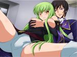  1boy 1girl aquamu blush breast_grab breasts brown_eyes brown_hair c.c. cameltoe cc code_geass erect_nipples gloves grabbing green_hair large_breasts lelouch_lamperouge long_hair naughty_face naughty_smile purple_eyes short_hair short_shorts shorts smile spread_legs sweat underboob yamagarasu 