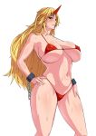  1girl bikini blonde_hair blush breasts chain chains covered_nipples cuffs erect_nipples female hand_on_hip highleg highleg_bikini highleg_swimsuit highres horn hoshiguma_yuugi huge_breasts micro_bikini navel obmas_(pfeito) red_bikini red_eyes skindentation slit_pupils solo strap_gap swimsuit touhou underboob wet white_background 