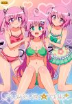  3_girls :d absurd_res ahoge bare_shoulders big_breasts bikini blush breasts casual_one-piece_swimsuit cleavage cover cover_page erect_nipples green_bikini green_eyes high_res kneel lala_satalin_deviluke long_hair looking_at_viewer momo_velia_deviluke multiple_girls nana_asta_deviluke navel one-piece_swimsuit ootomo_takuji open_mouth pink_bikini pink_hair purple_eyes short_hair sitting smile swimsuit to_love-ru twin_tails 