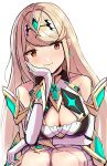 1girl absurd_res alluring bare_shoulders big_breasts blonde_hair chest_jewel cleavage cleavage_cutout clothing_cutout dress earrings elbow_gloves gloves high_res jewelry karuushi long_hair mythra short_dress swept_bangs tiara very_long_hair white_dress white_gloves xenoblade_(series) xenoblade_chronicles_2 yellow_eyes