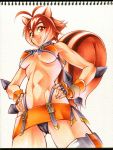 1girl :3 animal_ears antenna_hair arc_system_works blazblue blazblue:_continuum_shift breasts brown_eyes brown_hair calnarsa makoto_nanaya miniskirt navel orange_skirt revealing_clothes revision short_hair skirt solo spikes squirrel_ears squirrel_tail tail thighhighs tonfa traditional_media underboob weapon